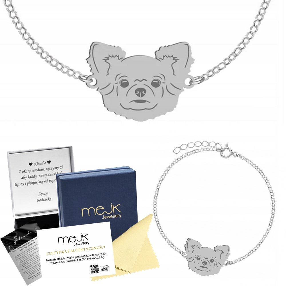 Stříbrný náramek s psem Chihuahua 925 Šperky Gravírování Bonus