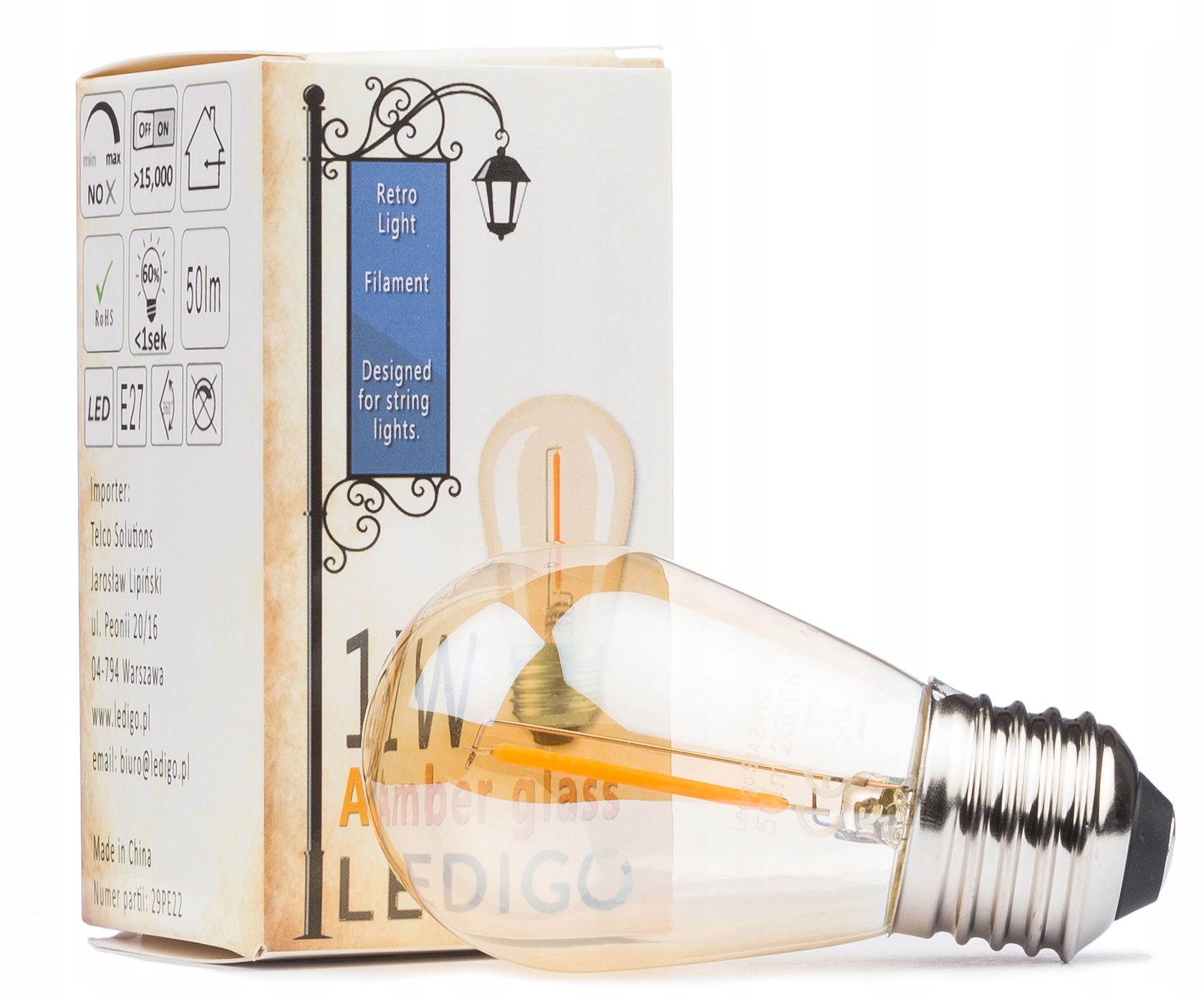 

Żarówka Led E27 S14 1W amber girlandowa
