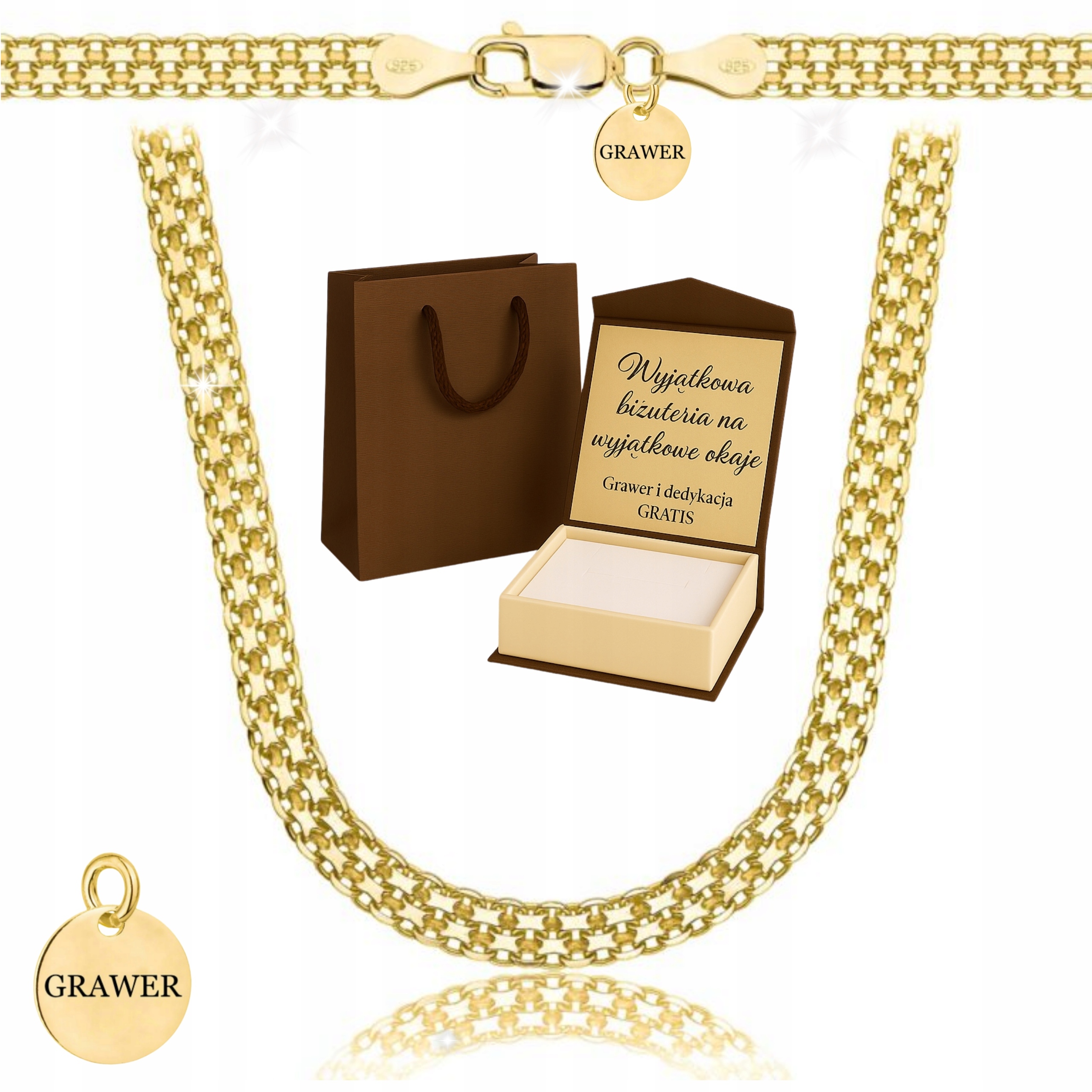 Zlatý Plný Řetízek Bismark Ryzost 925 585 14K Gravírování Bonus