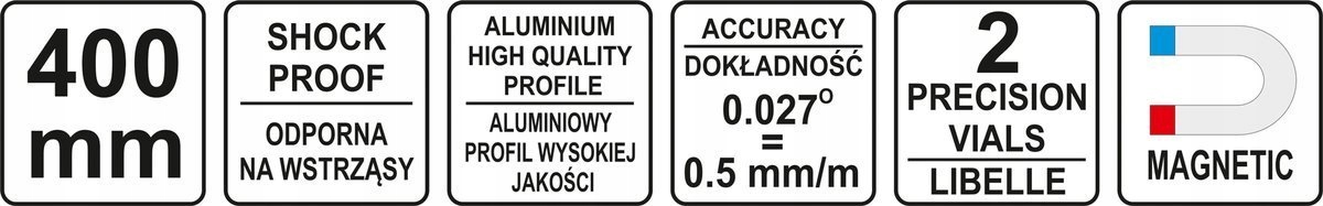POZIOMNICA ALUMINIOWA MAGNETYCZNA 40cm UCHWYT YATO Długość 0.4 m