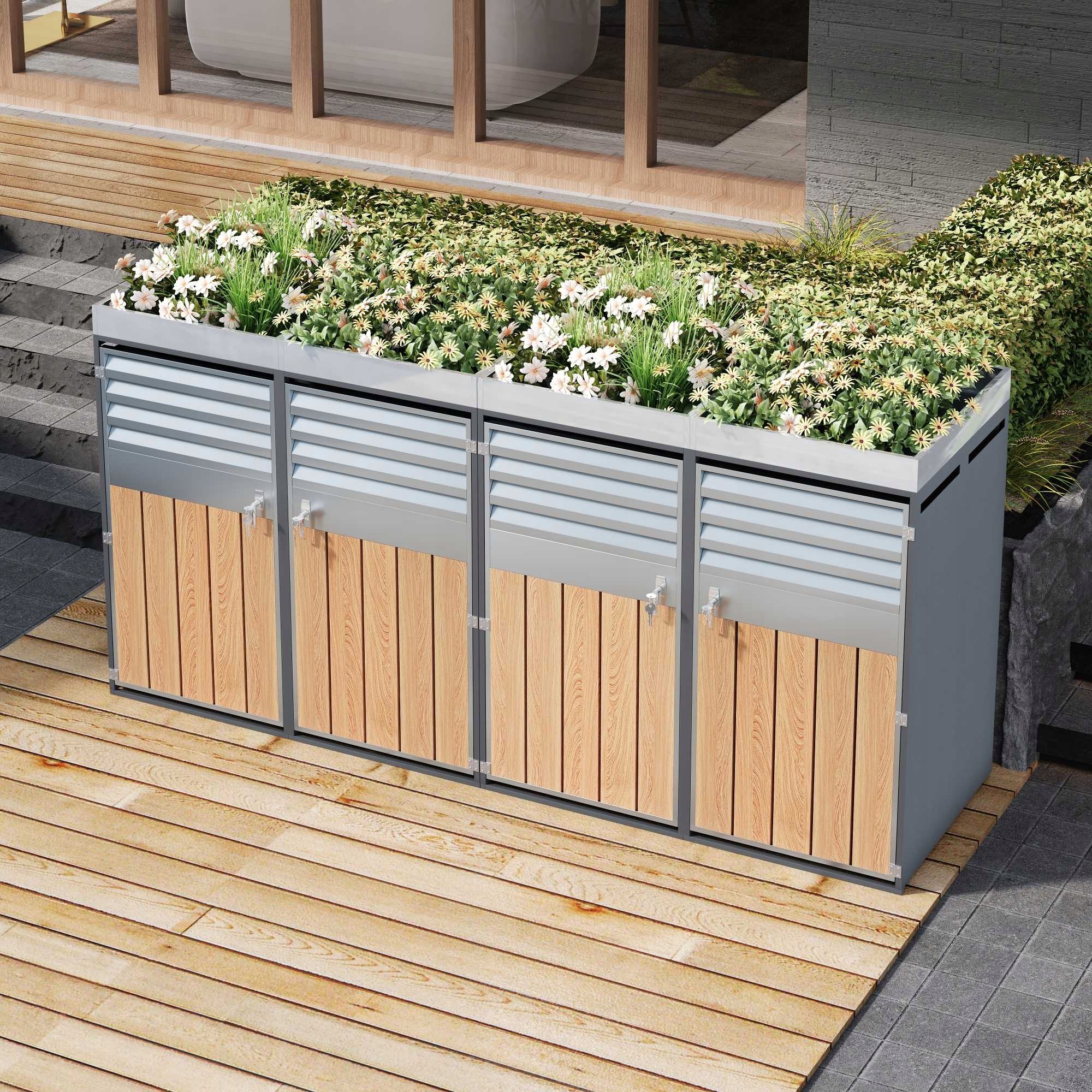 Kryty odpadkových košů 4ks s žaluziemi, úložné prostory na odpadky, místo pro výsadbu