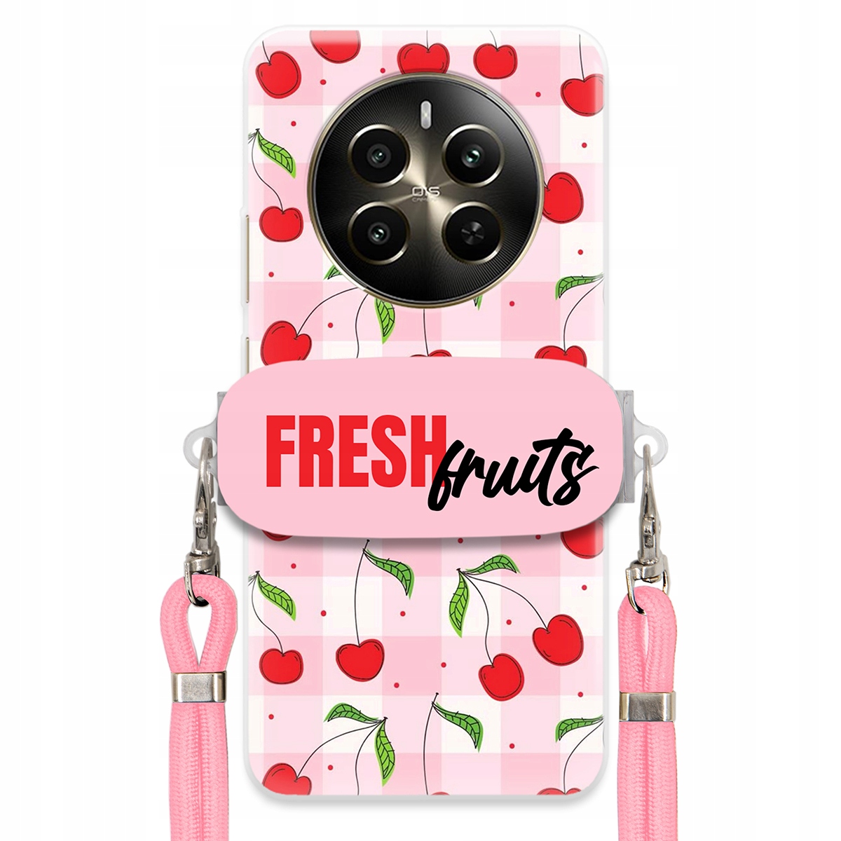 Puzdro pre Realme 12 Plus 5G Case Držiak šnúrok Ružový Fresh Fruits Mriežka
