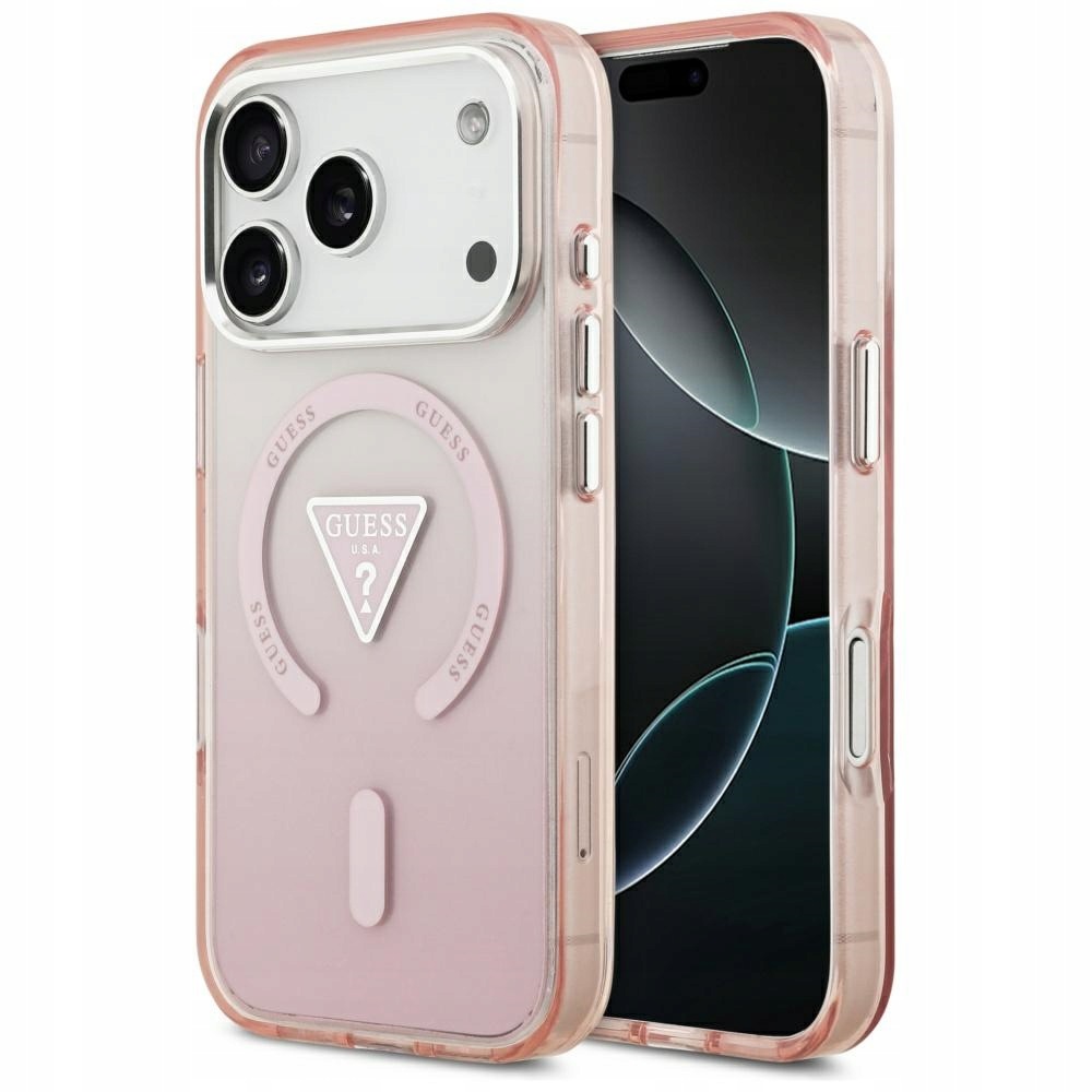 Pouzdro Guess IML Gradient Triangle Logo MagSafe pro iPhone 17 Pro růžové pouzdro