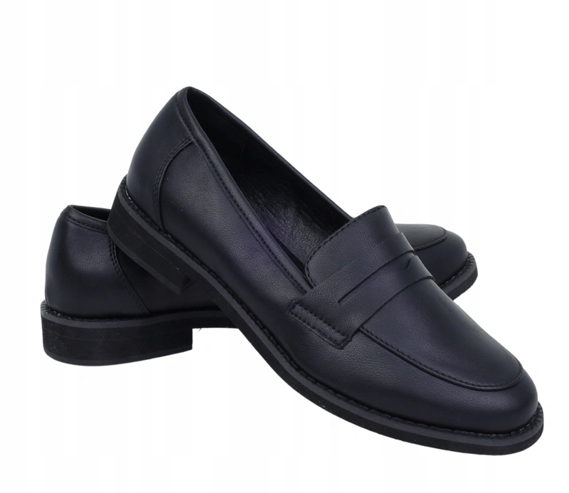 Czarne klasyczne mokasyny damskie skórzane loafersy półbuty wsuwane