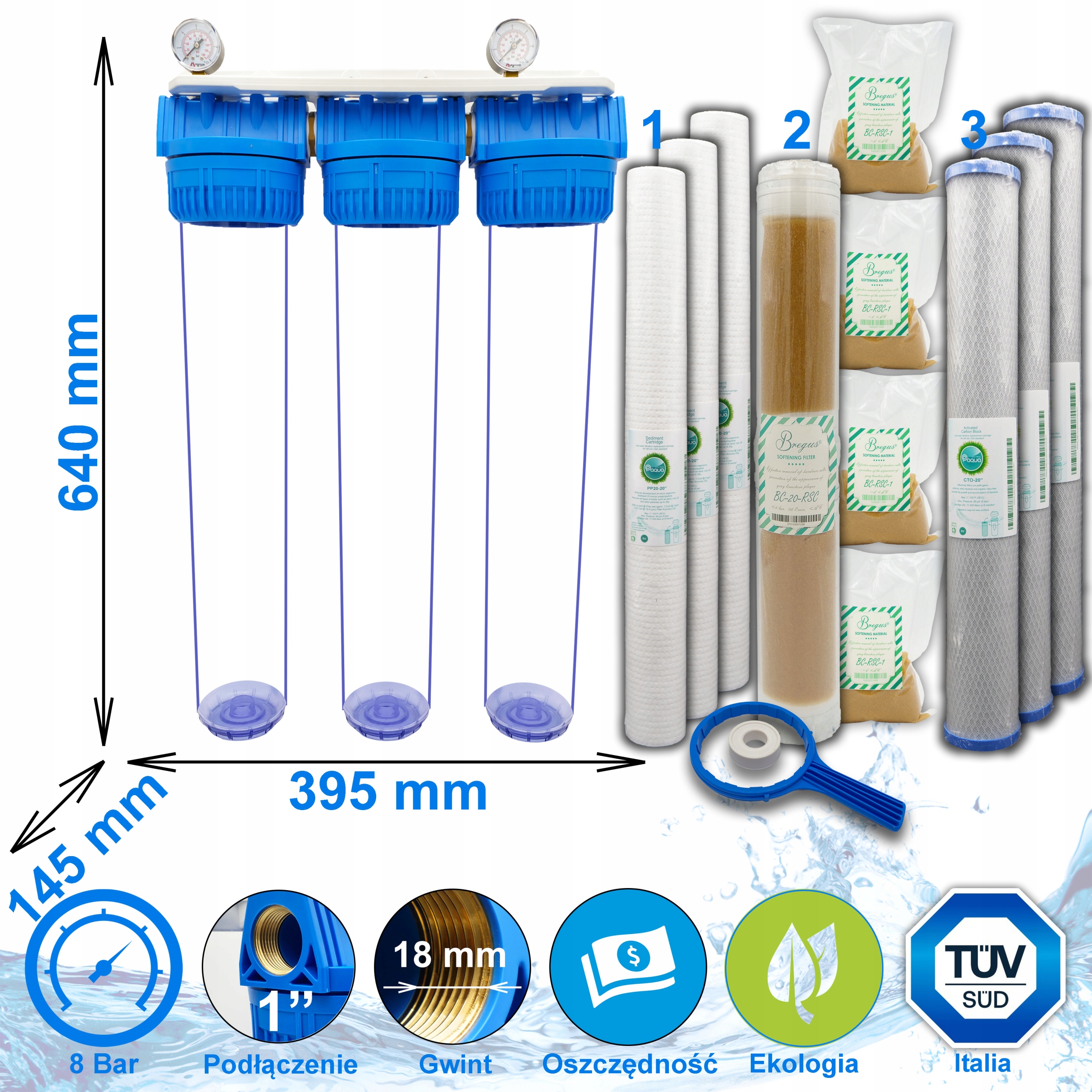 FILTR ZMIĘKCZACZ DO WODY NA CAŁY DOM 3 STOPNIOWY 20" + ZESTAW WKŁADÓW