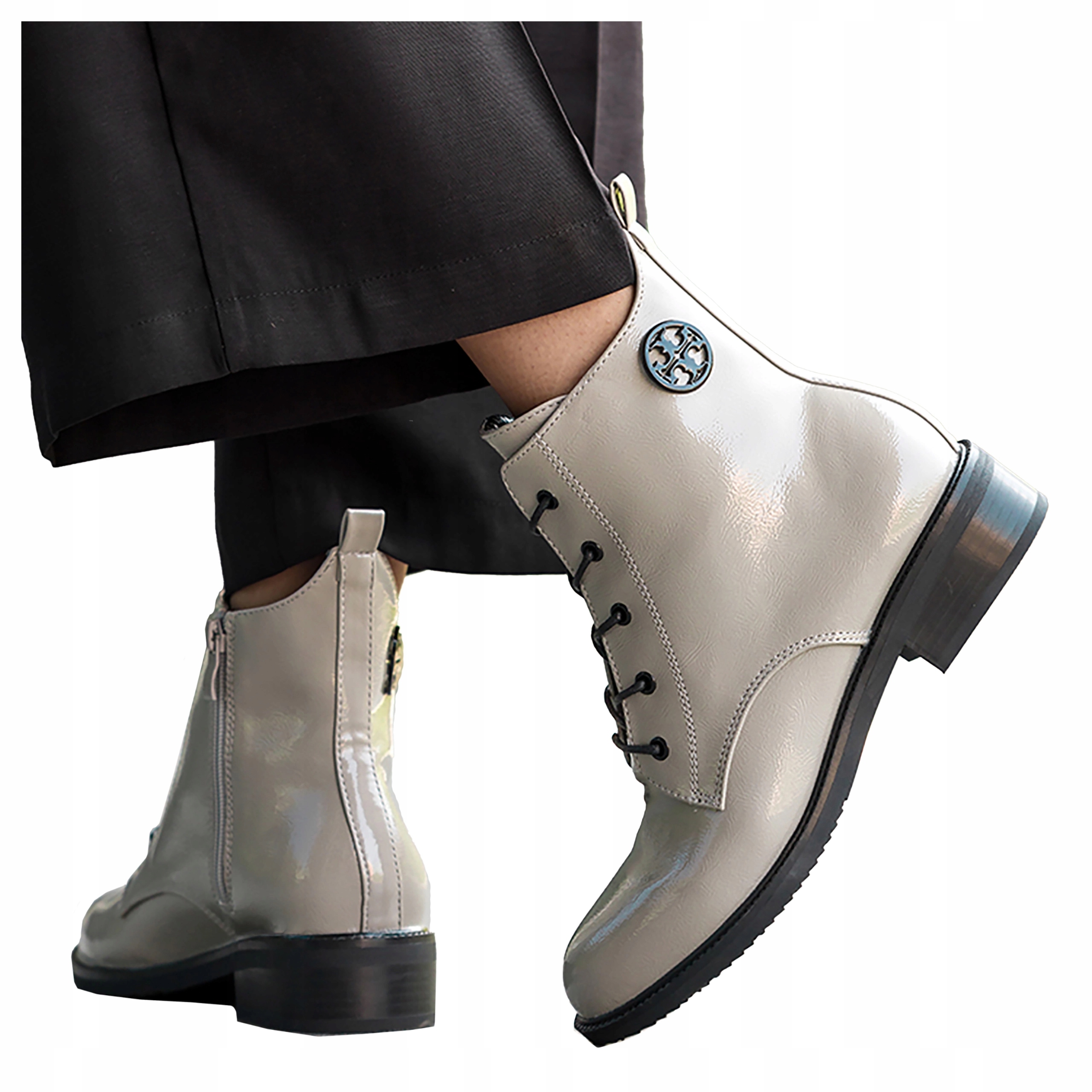 Kotníkové Boty Šedé Dámské Lakované Módní Ozdoba Šněrovací Nízká Kostka vel. 37