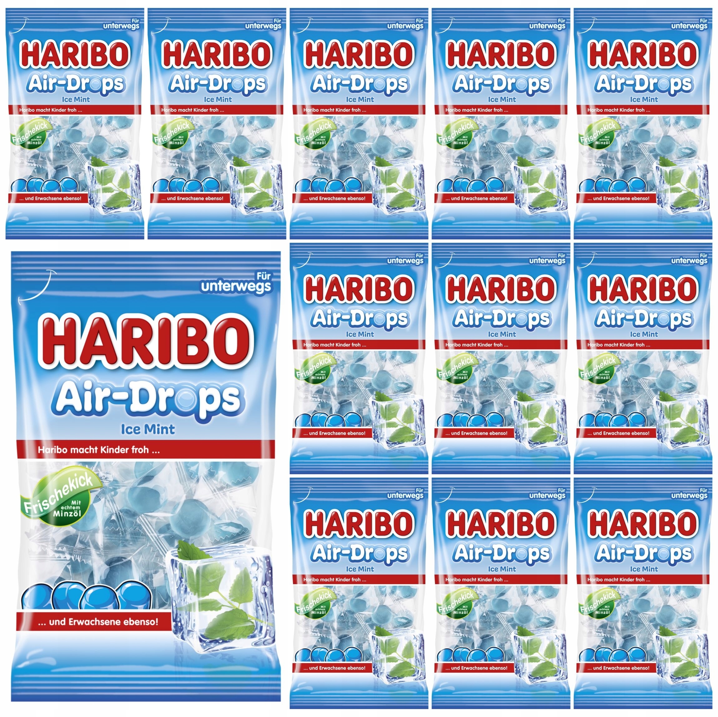 12 x Miękkie gumowe cukierki miętowe żelki Haribo Air-Drops Ice Mint 100g D