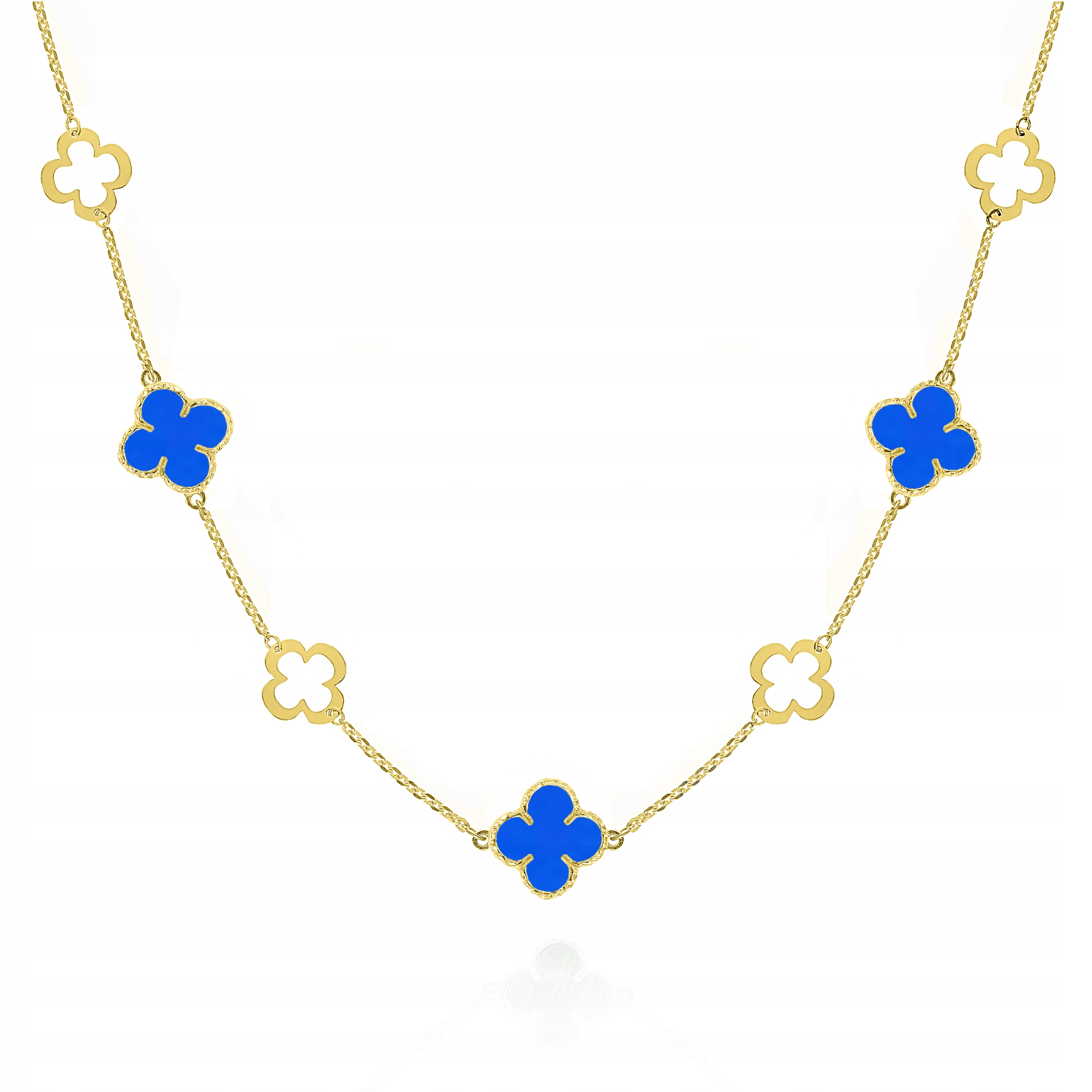 Stříbrný pozlacený náhrdelník choker čtyřlístky modrý achát Ag 925 45 cm