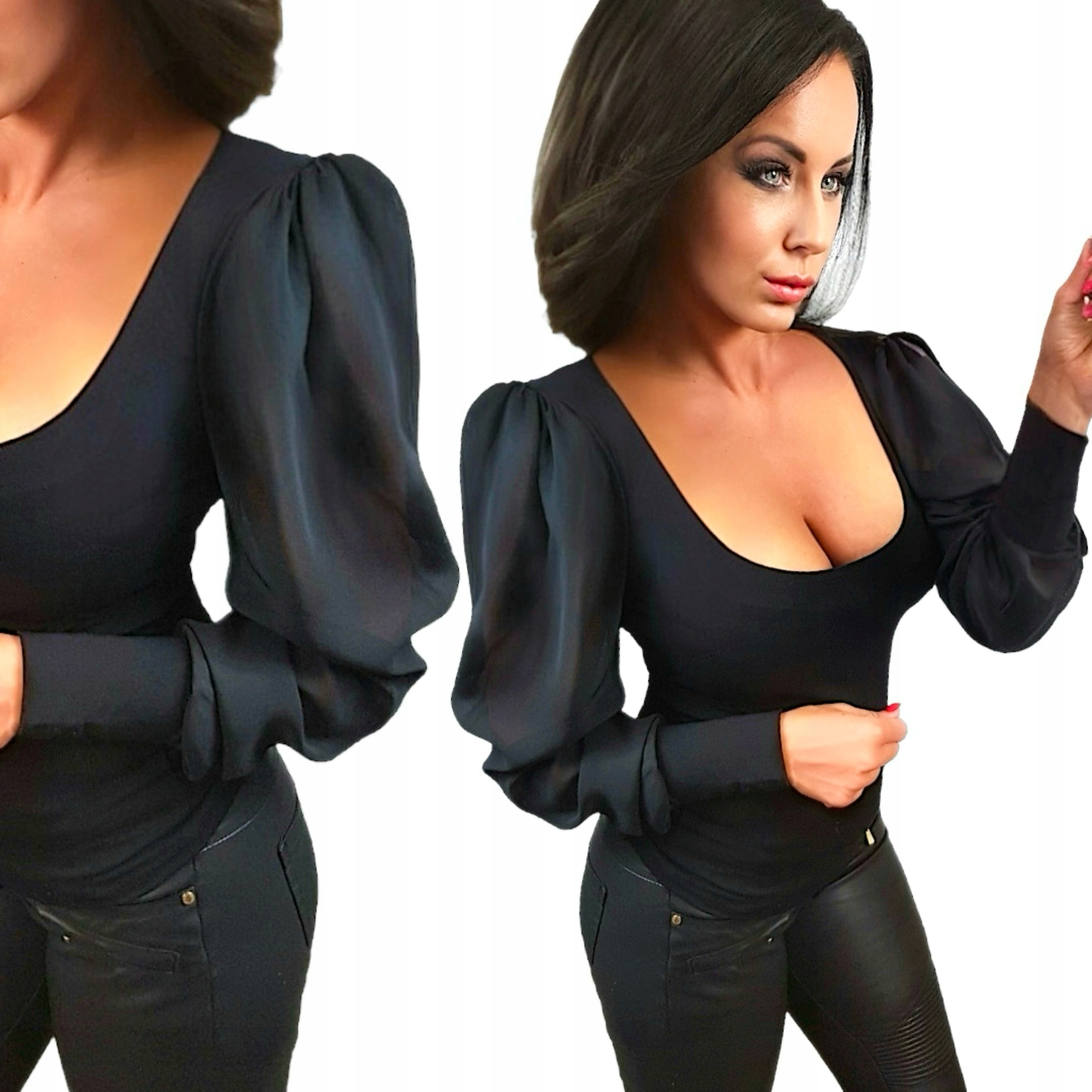 Černá dámská halenka s bufíky, elegantní večerní výstřih, velikost M 38