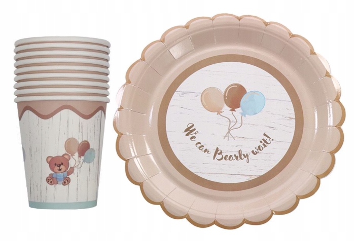 ZESTAW PAPIEROWY JEDNORAZOWY KUBECZKI TALERZYKI we can bearly wait