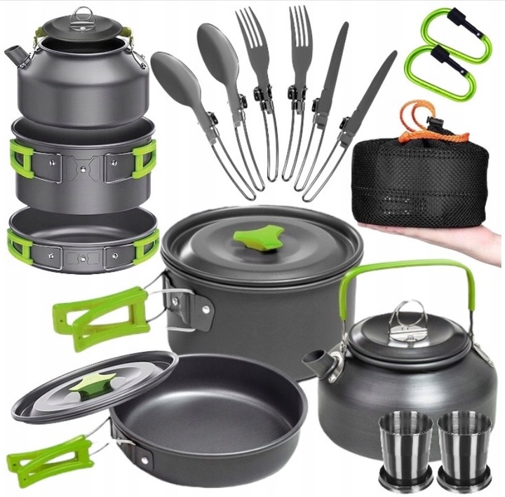 Zestaw Naczyń Turystycznych Garnki Sztućce Patelnia Kubki Etui Czajnik XXXL