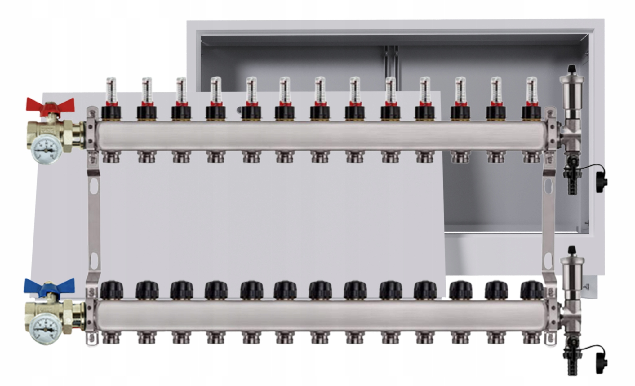 Nerezový rozdělovač podlah 13 okruhů podomítková skříňka ventily