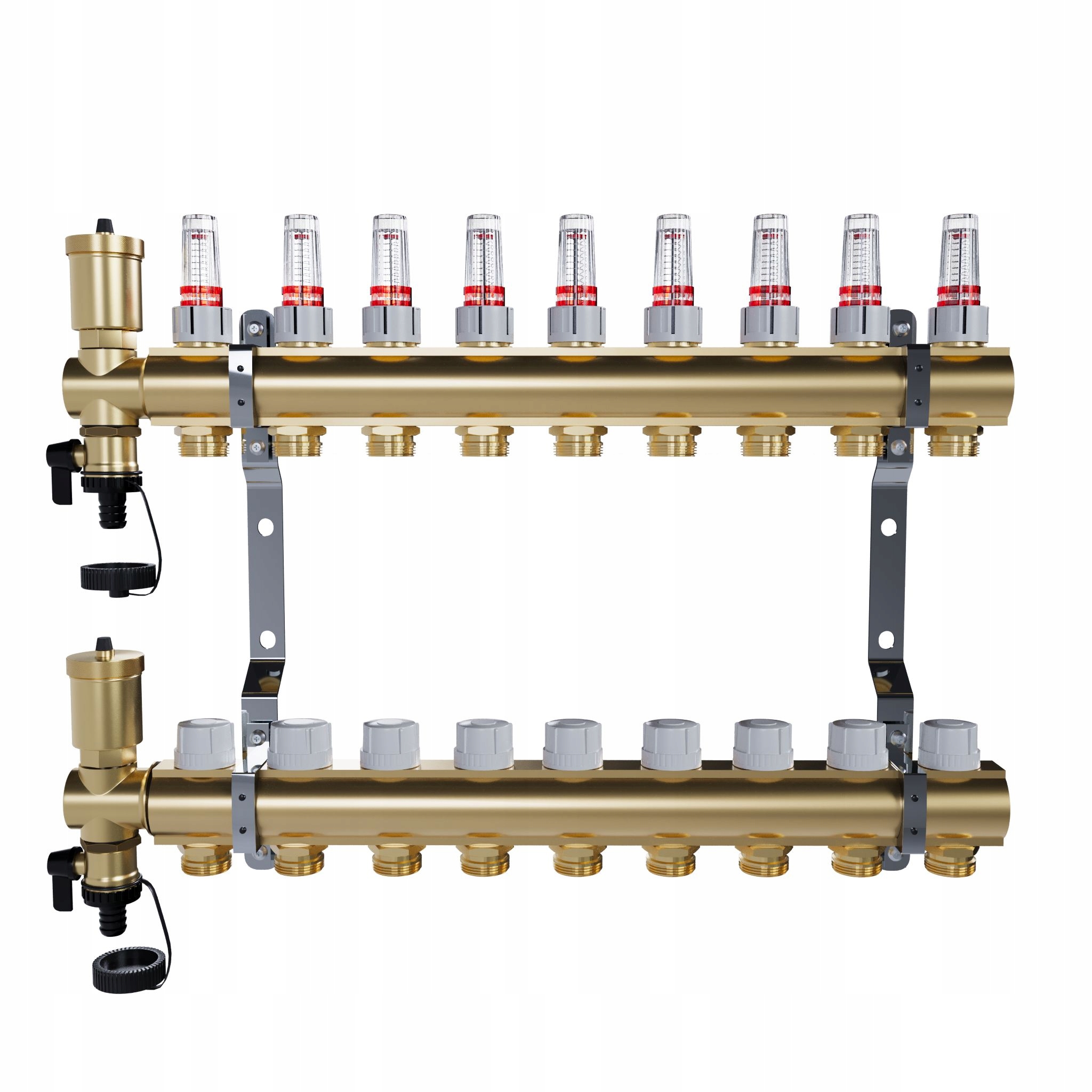 Mosazný 9-okruhový rozdělovač pro podlahové vytápění