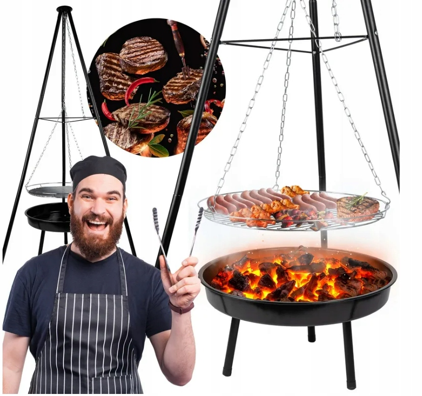GRILL OGRODOWY WISZĄCY PALENISKO TRÓJNÓG DUŻY 50CM RUSZT OGNISKO WĘGLOWY