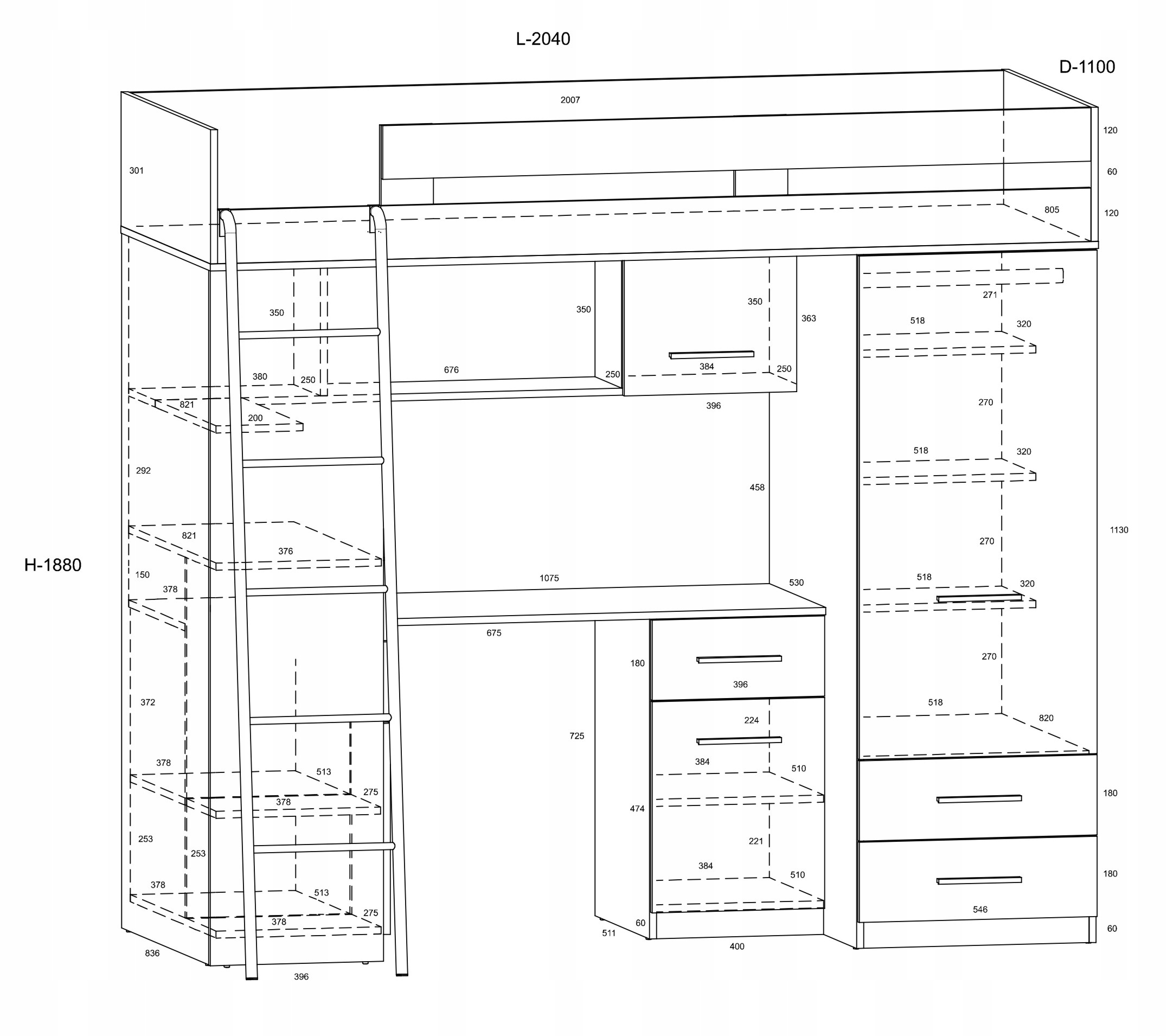 MYKS L antresola bez mat. dąb sonoma / biały Wysokość mebla 188.05 cm