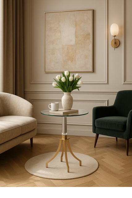 Stolik kawowy w stylu glamour okrągły złoty do salonu dekoracyjny art deco