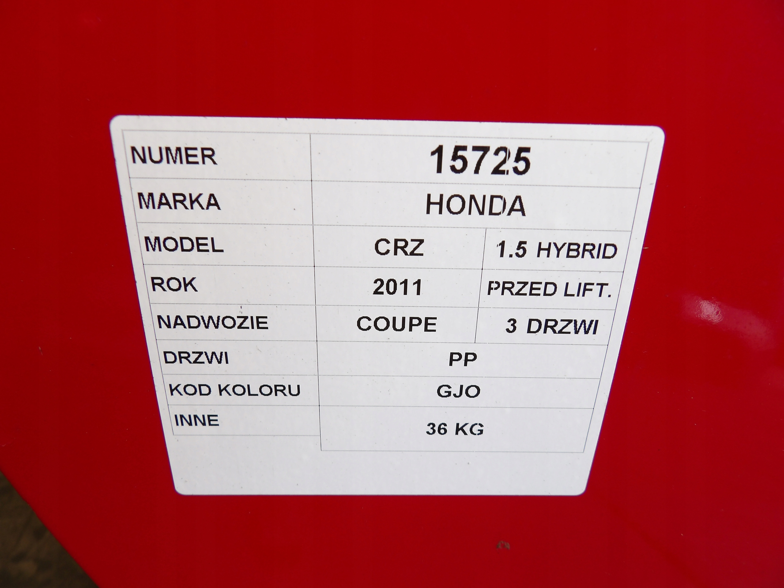 Honda CR-Z door front right lak. GJO coupe