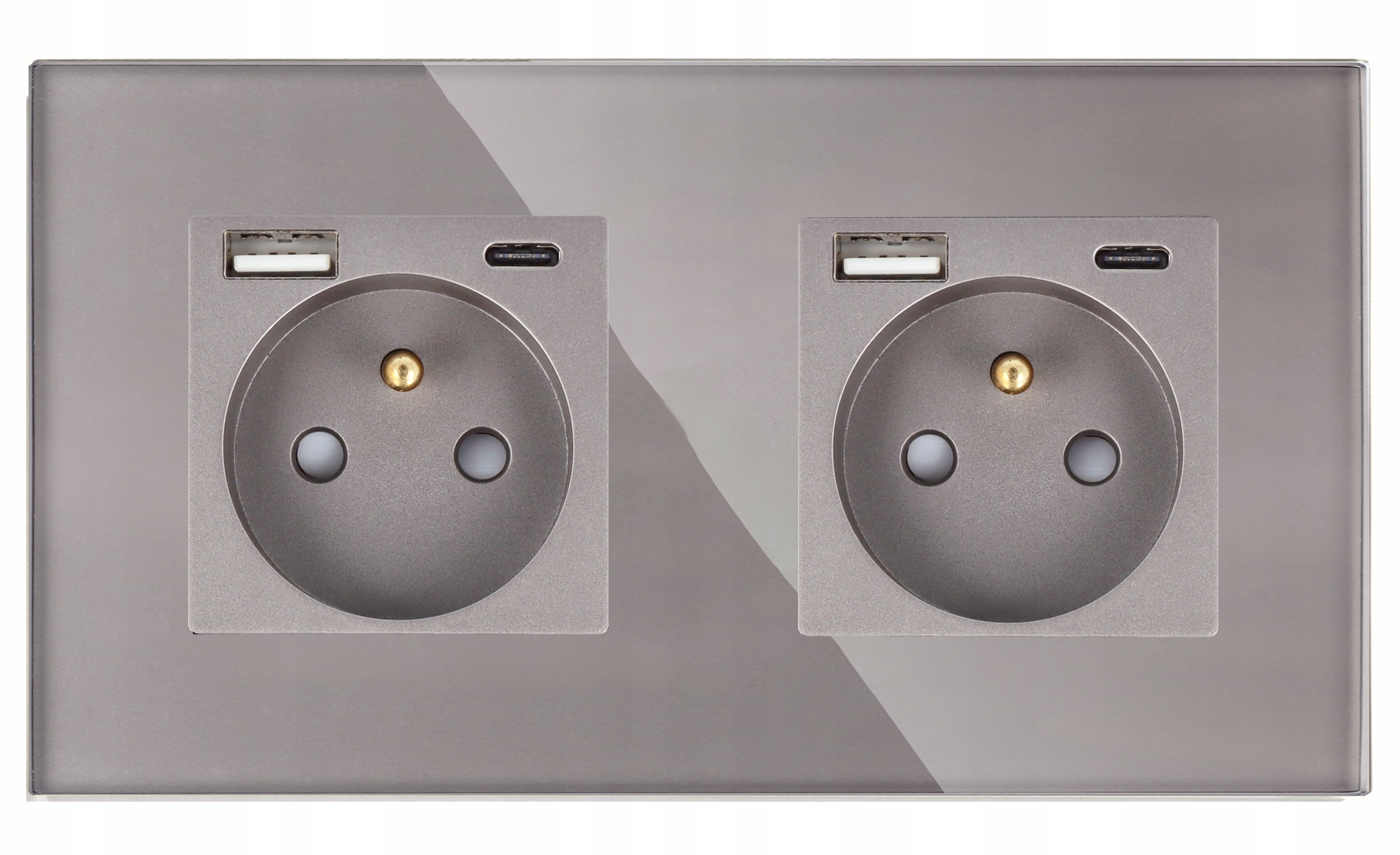 Zásuvka Kontakt S Kolíkem Nabíječka Usb A C Šedá Dvojitý Rámeček 2.1A