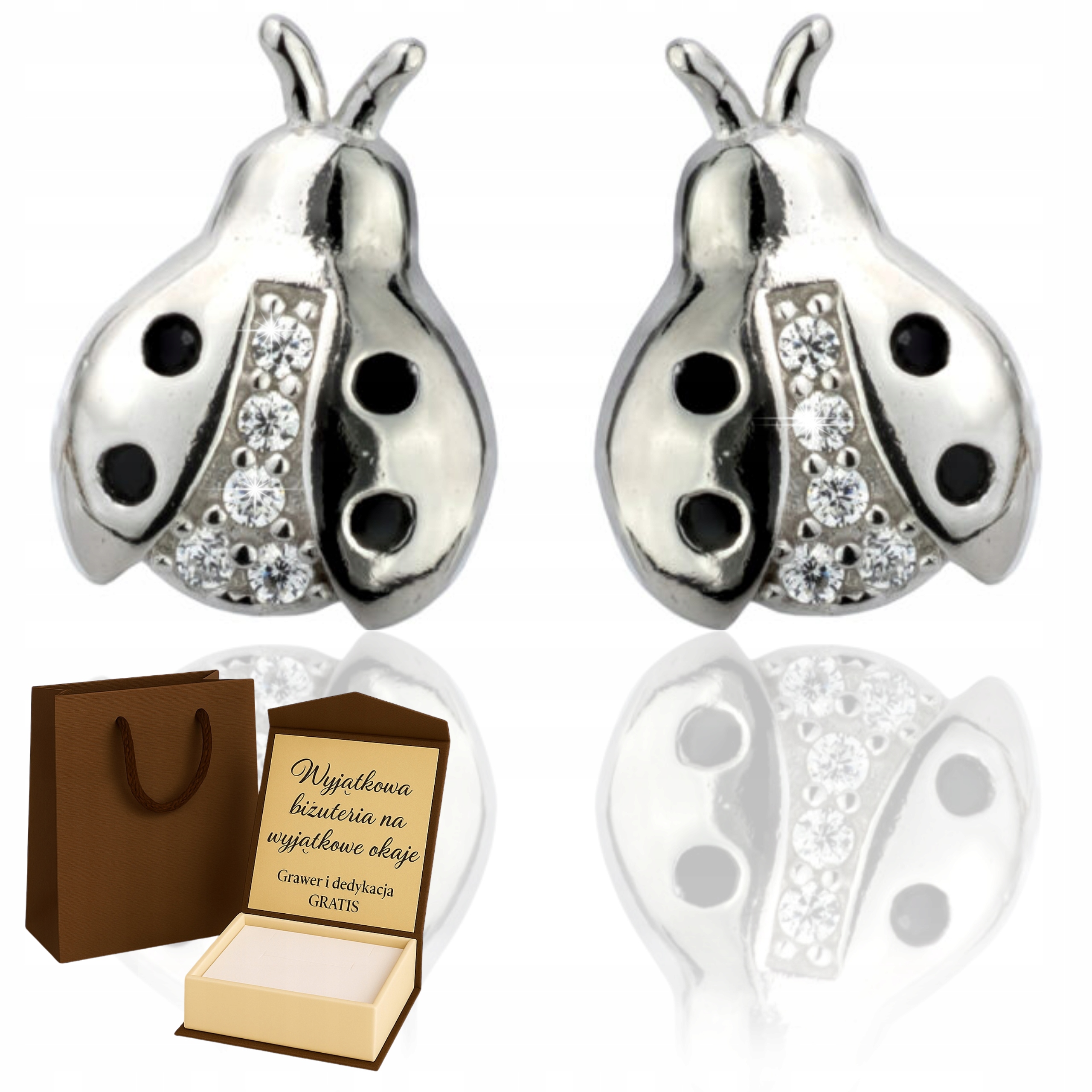 Dámské stříbrné Náušnice Zirkony Gravírování ve tvaru Berušky, okouzlující, rhodiované