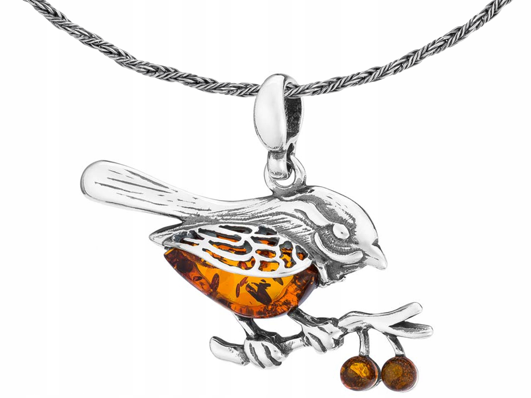 Krátký stříbrný dámský náhrdelník Pták Vrabec s jantarem Choker Stříbro 38 Cm