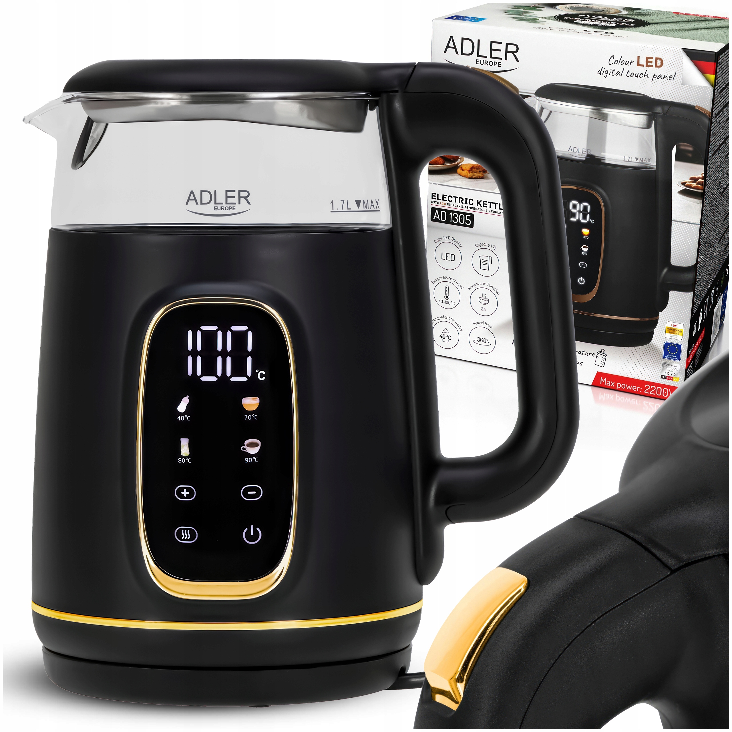 Czajnik Elektryczny Szklany Regulacja Temperatury Panel Led Czarny 1,7L