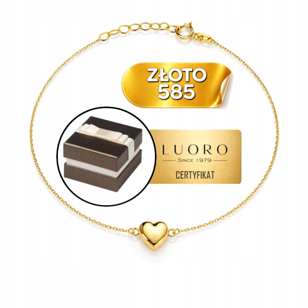 Zlatý Náramek 585 14K S Hladkým Srdcem, Žlutý, Nastavitelný, 17 18 19 CM