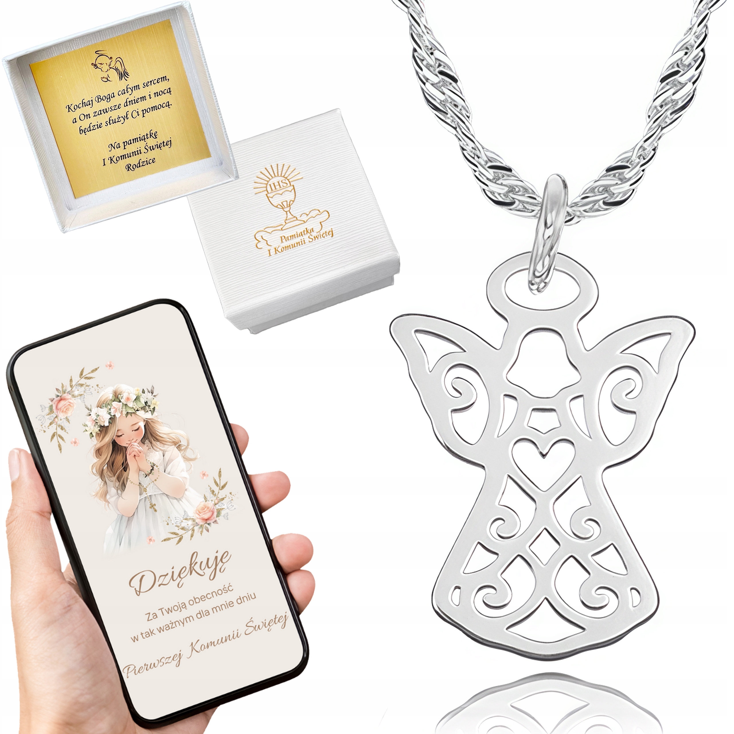 SREBRNY ŁAŃCUSZEK ANIOŁEK ZESTAW ŁAŃCUSZEK Z ANIOŁKIEM NA KOMUNIĘ 50cm