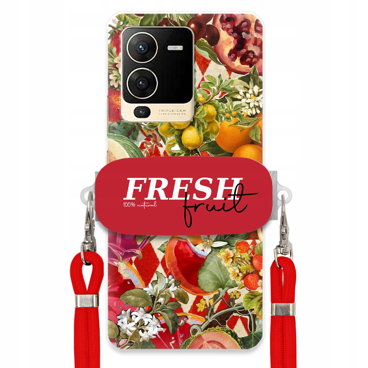 Puzdro pre Vivo S15 5G Červené Crossbody vodítko držiak Fresh Fruit Ovocné