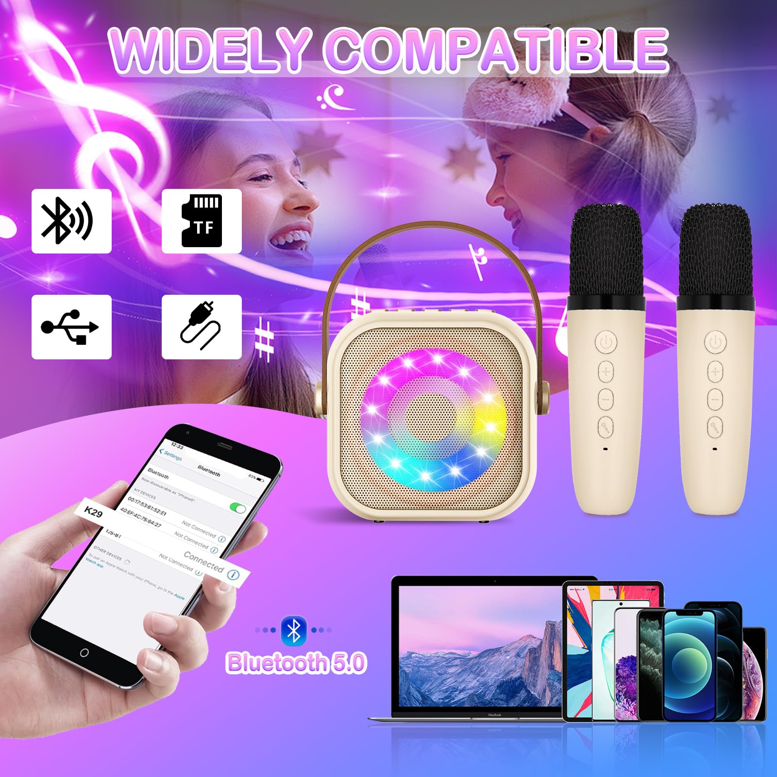 KARAOKE MASZYNA Z 2 MIKROFONAMI DLA DZIECI LED BLUETOOTH — miniatura 3
