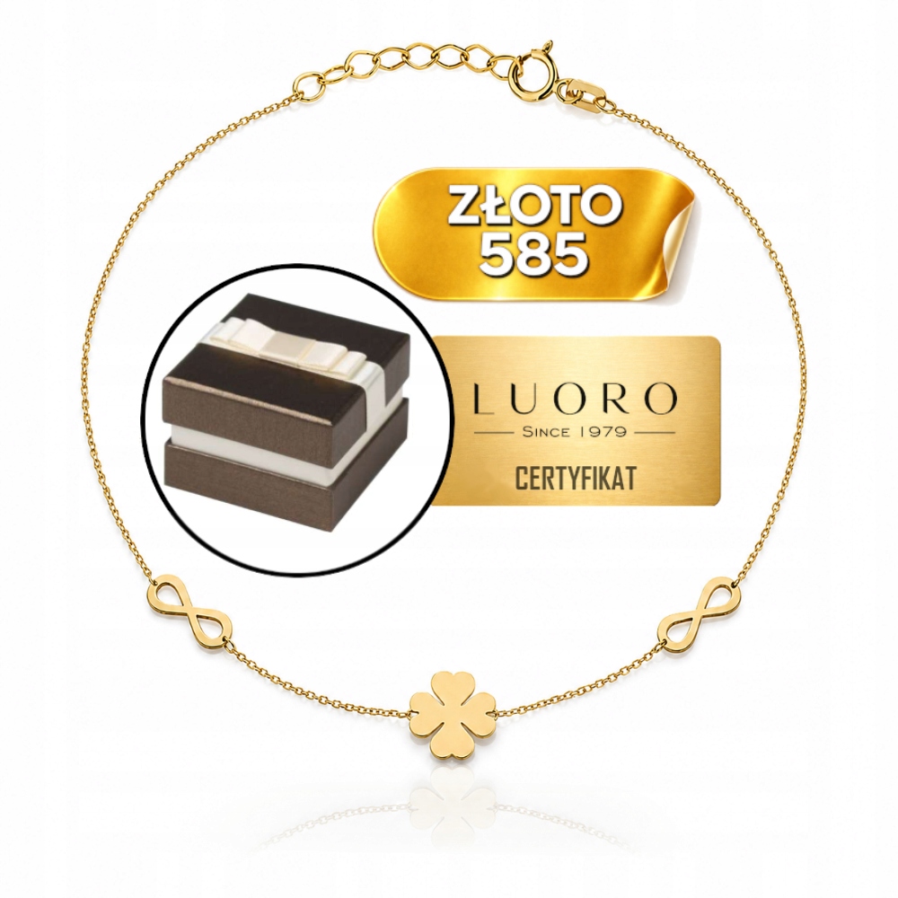 Náramek Zlatý 585 14K Čtyřlístek Nekonečno 17-19 CM Nastavitelný