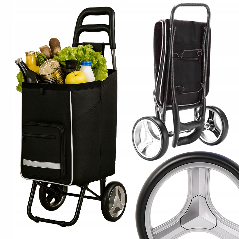 Skládací nákupní vozík s kolečky černý, kapsa na suchý zip, lehký a pevný
