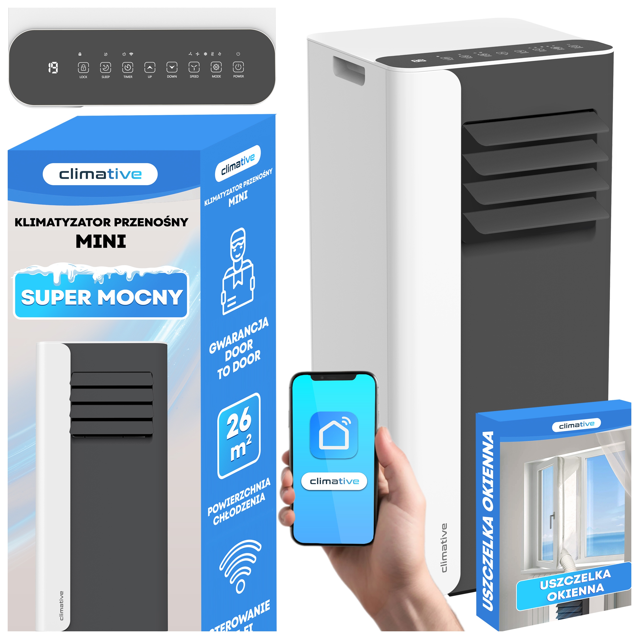 Klimatyzator przenośny Mini 2,6 kW mały cichy 3w1 WiFi osuszacz uszczelka