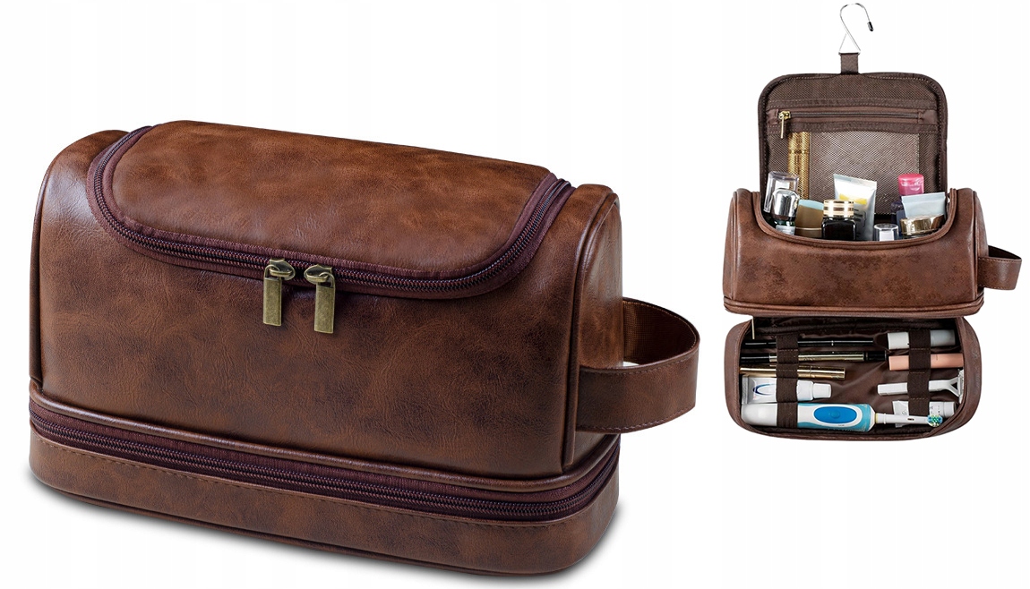 Kosmetyczka Podróżna Męska Rozkładana Saszetka Duża Wisząca Jakość Brąz