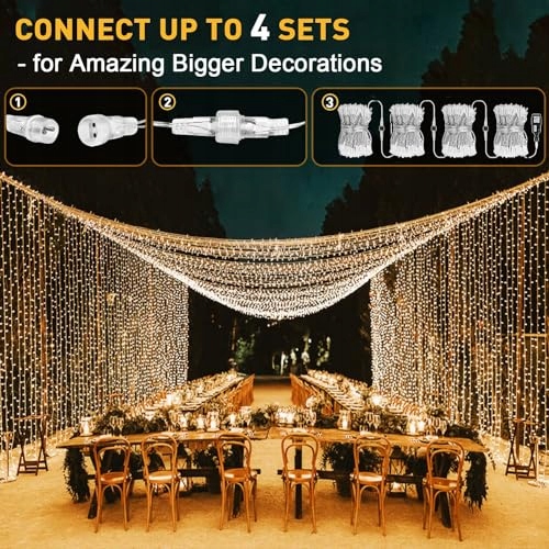 JOYCOME Kurtyna Świetlna Girlanda Wodoodporna Lampki 6x3m 600 LED 8 Trybów — miniatura 7