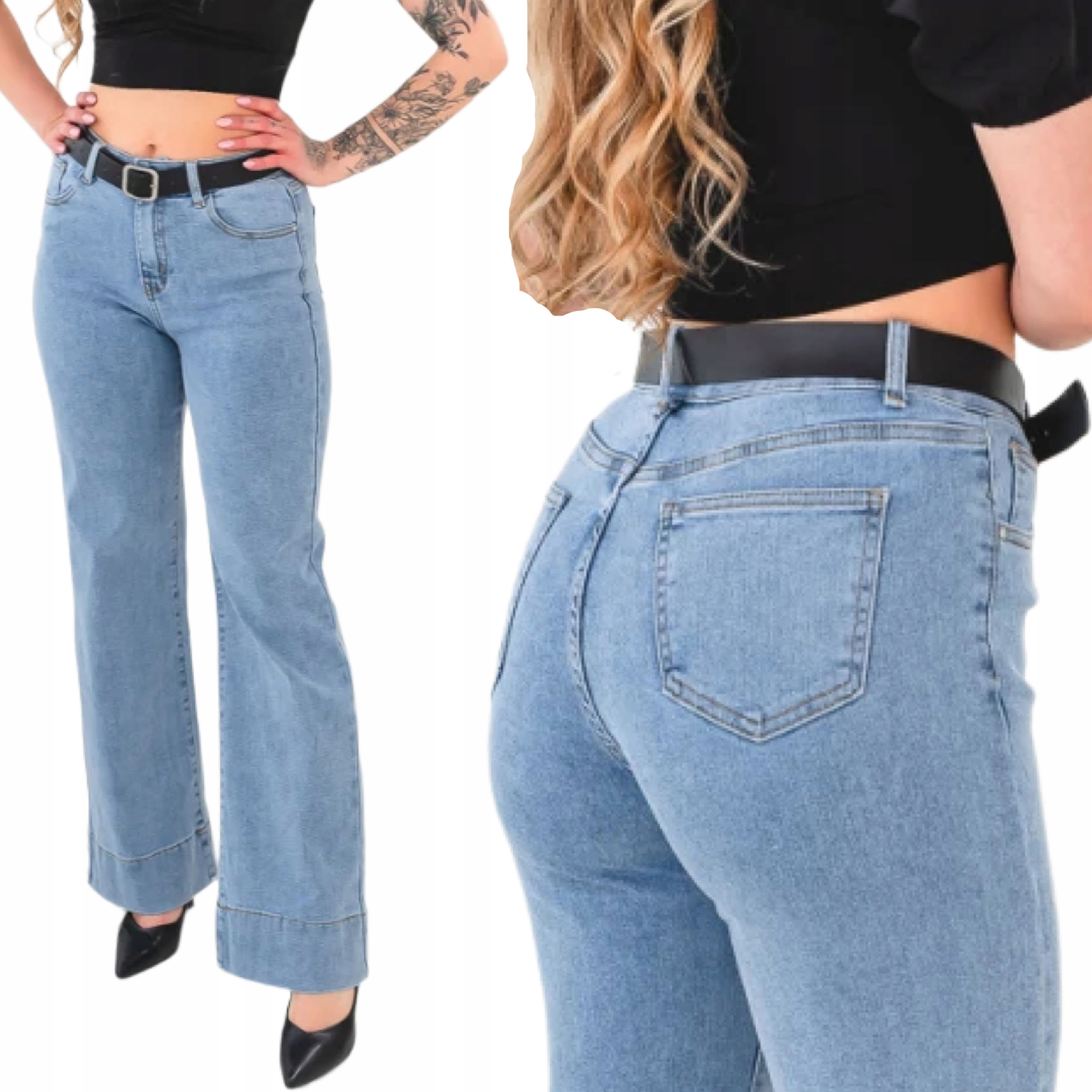 Dámské džínové kalhoty široké Wide Leg vysoký pas široké nohavice Xs