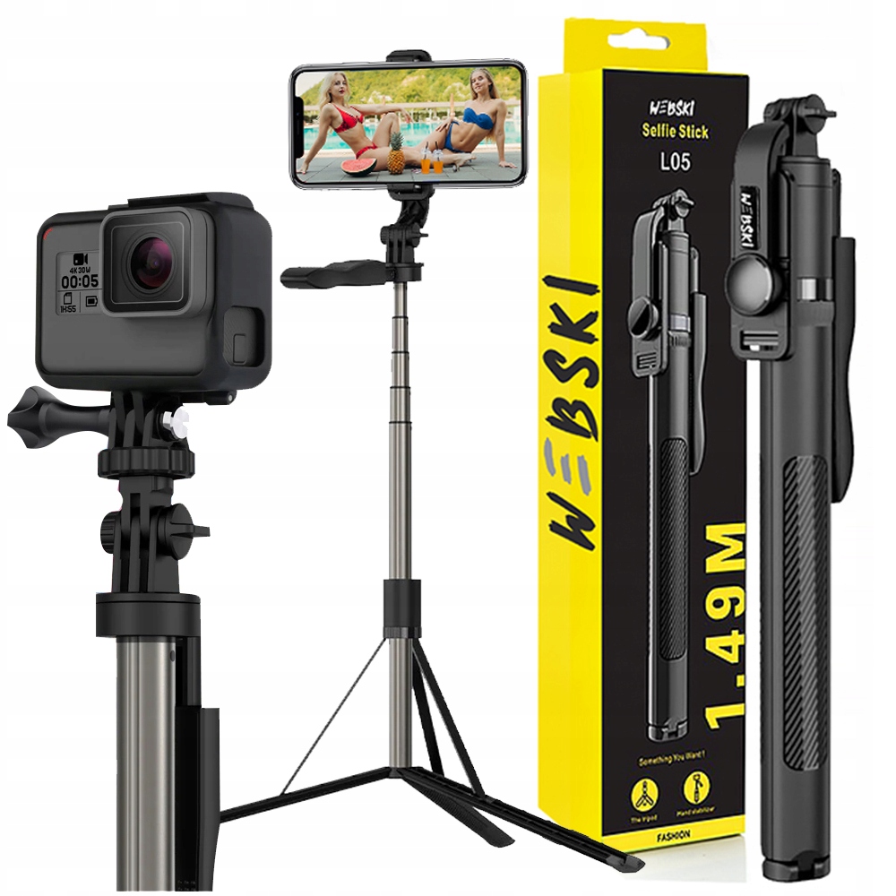 Kij Selfie ze Statywem Tripod do Kamer Telefonów z Pilotem bluetooth 149CM