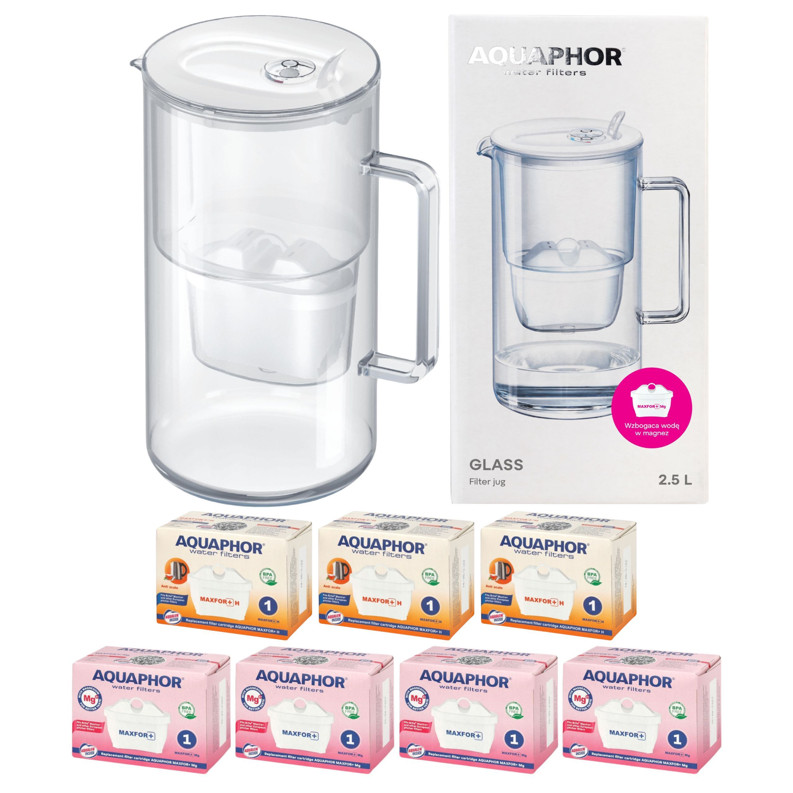 Džbán Aquaphor Glass bílý 2,5L skleněný na vodu 7 filtrů Maxfor (4Mg+3H)