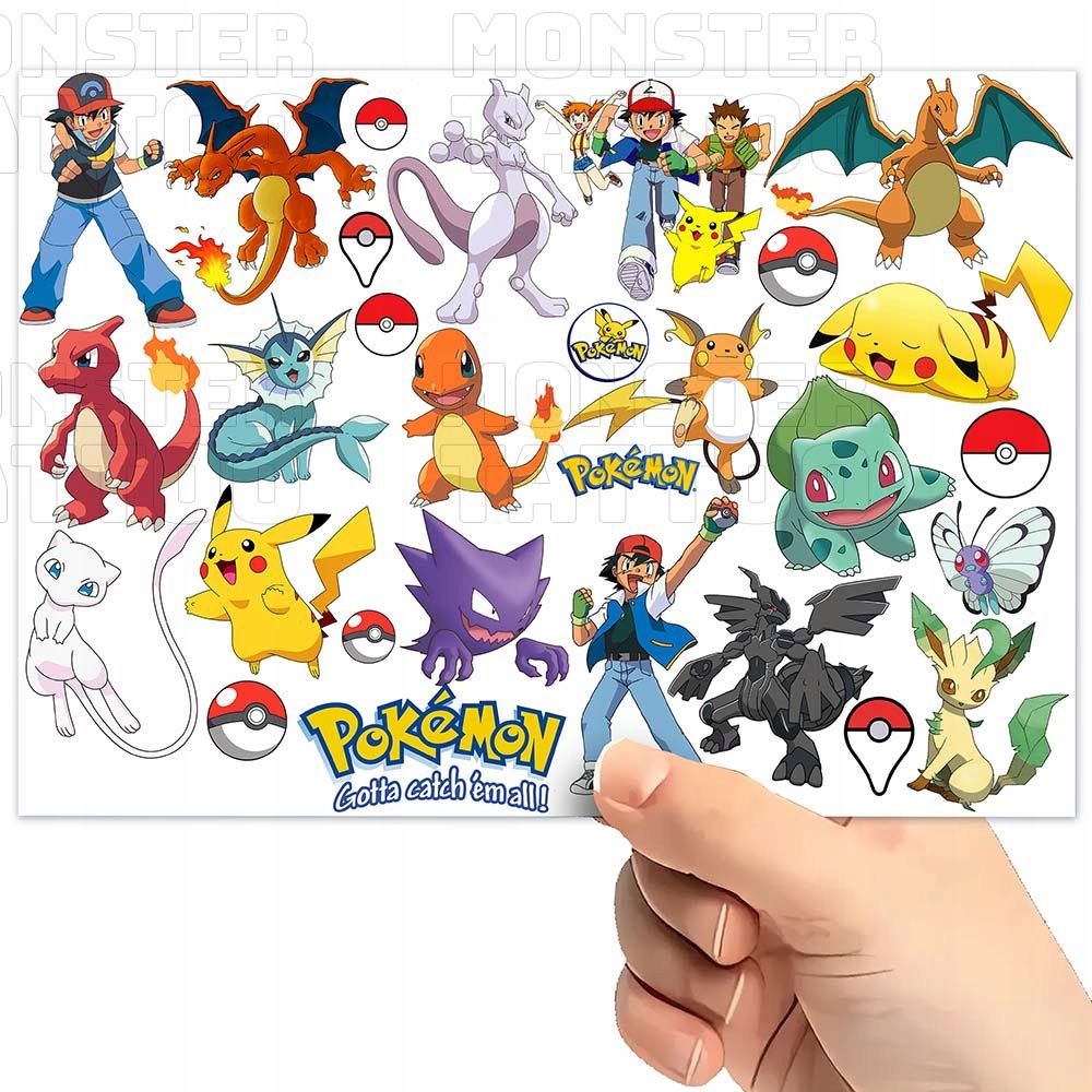 TATUAŻE TYMCZASOWE WODNE DLA DZIECI DZIECIĘCE POKEMON WZORY SUPER JAKOŚĆ