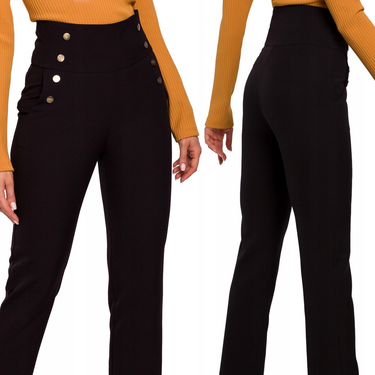 SPODNIE ELEGANCKIE DAMSKIE Z WYSOKIM STANEM Z KIESZENIAMI CZARNE 42 XL