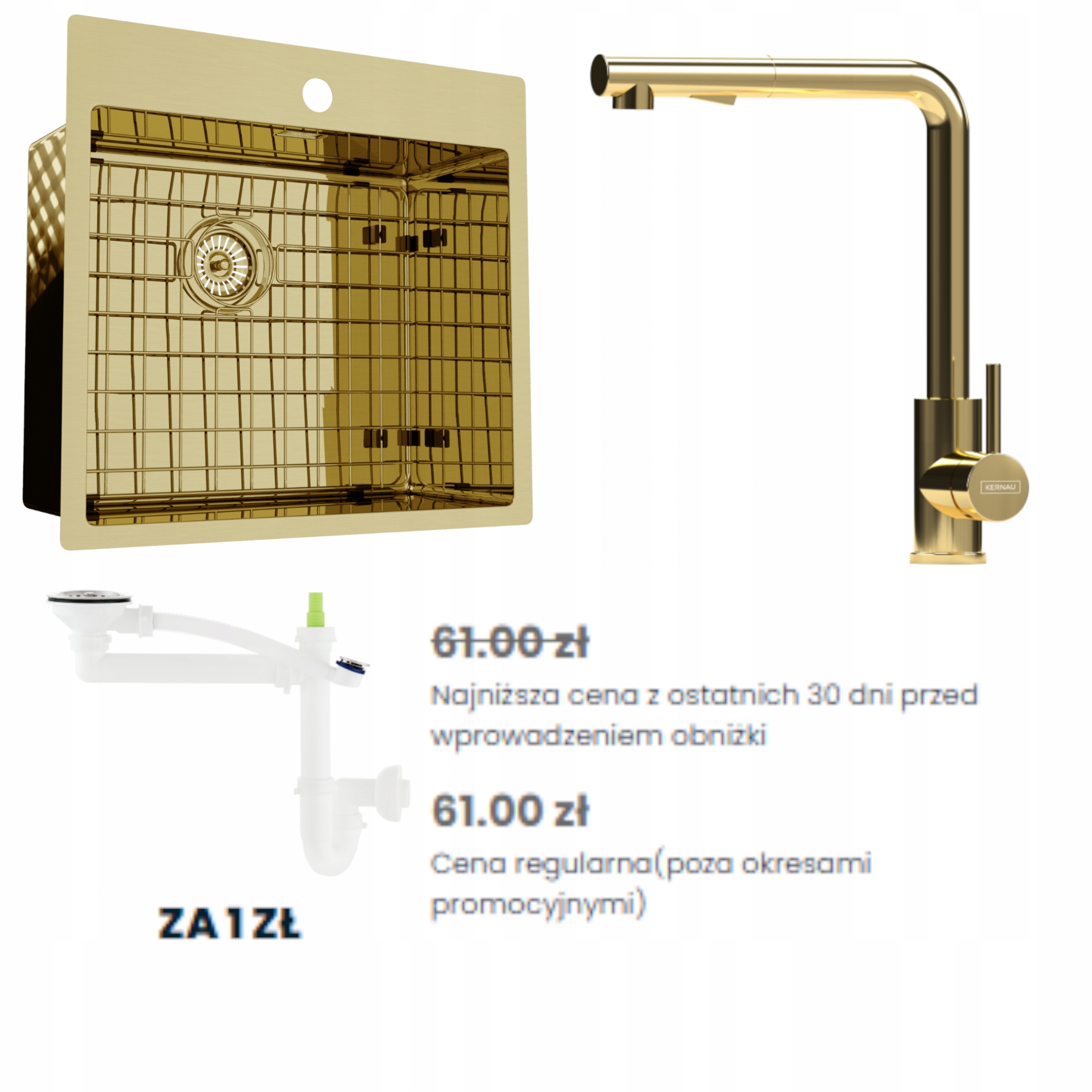 Zestaw 8.KERNAU zlewozmywak bateria, odpływ za 1zł kolor Gold złoty