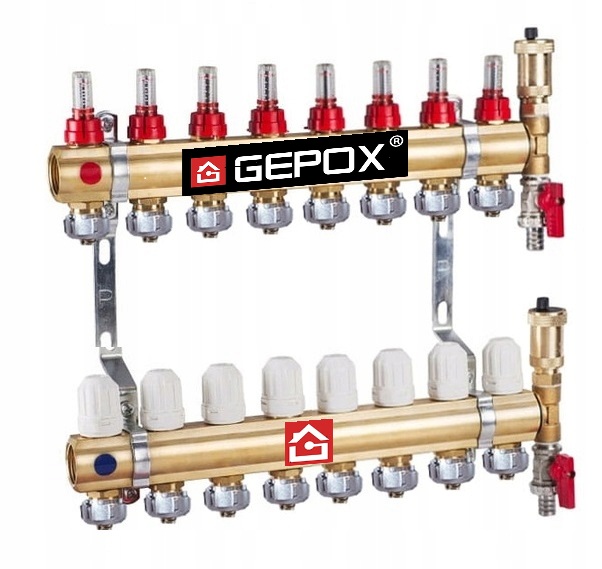 Rozdzielacz do podłogówki 8 obwody Gepox mosieżny do ogrzewania podłogowego