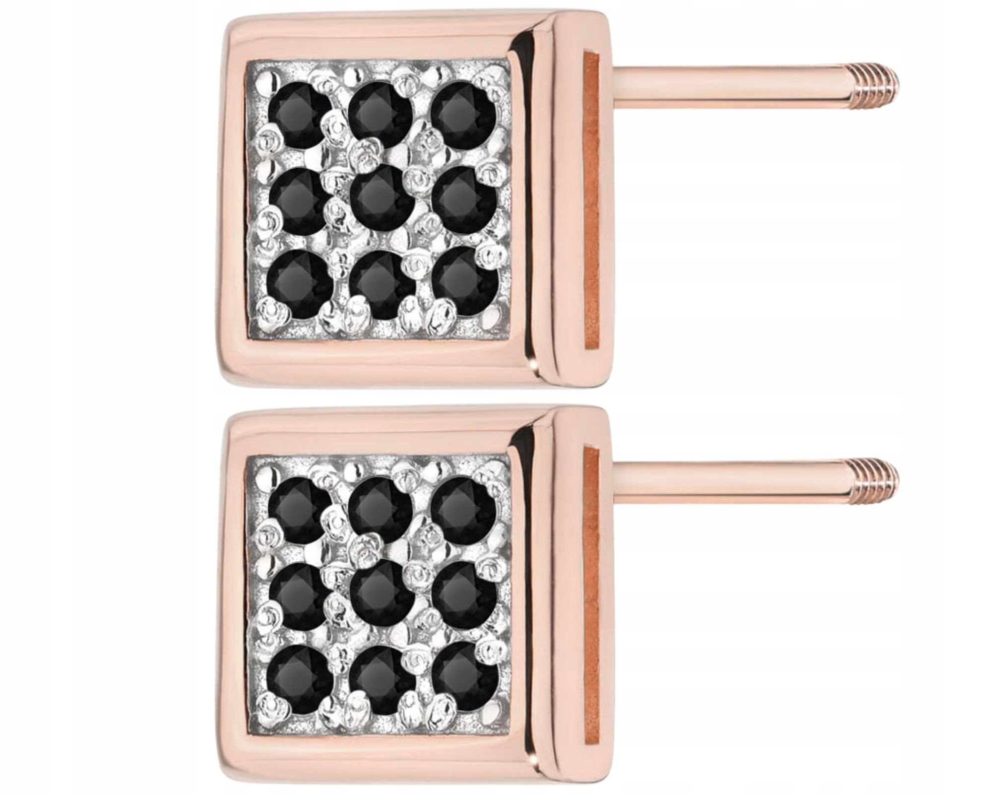 Růžové Zlato Náušnice S Černými Brilianty Čtverec Šroubovací Tyčinka Zlato