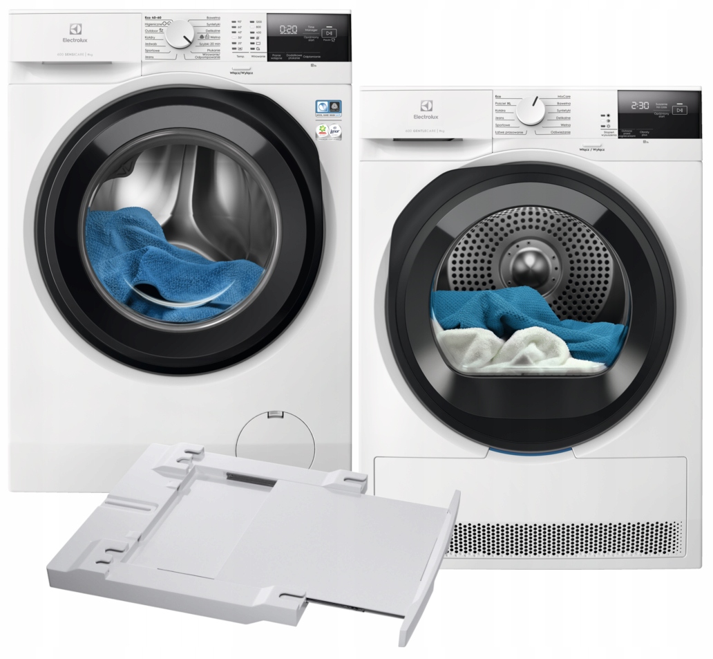 Zestaw AGD Electrolux pralka 9 kg + suszarka 9 kg + łącznik z półką