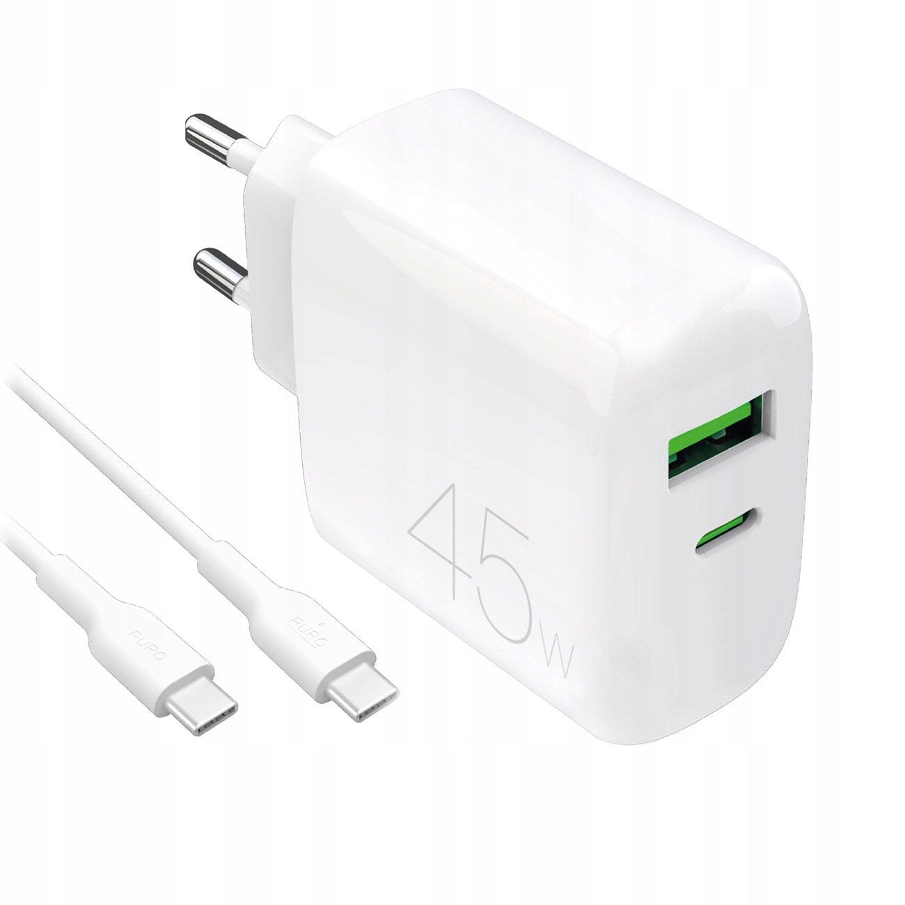 Síťová nabíječka Usb-c a Usb-a s podporou Pd a kabelem Usb-c, výkon 45 W – bílá
