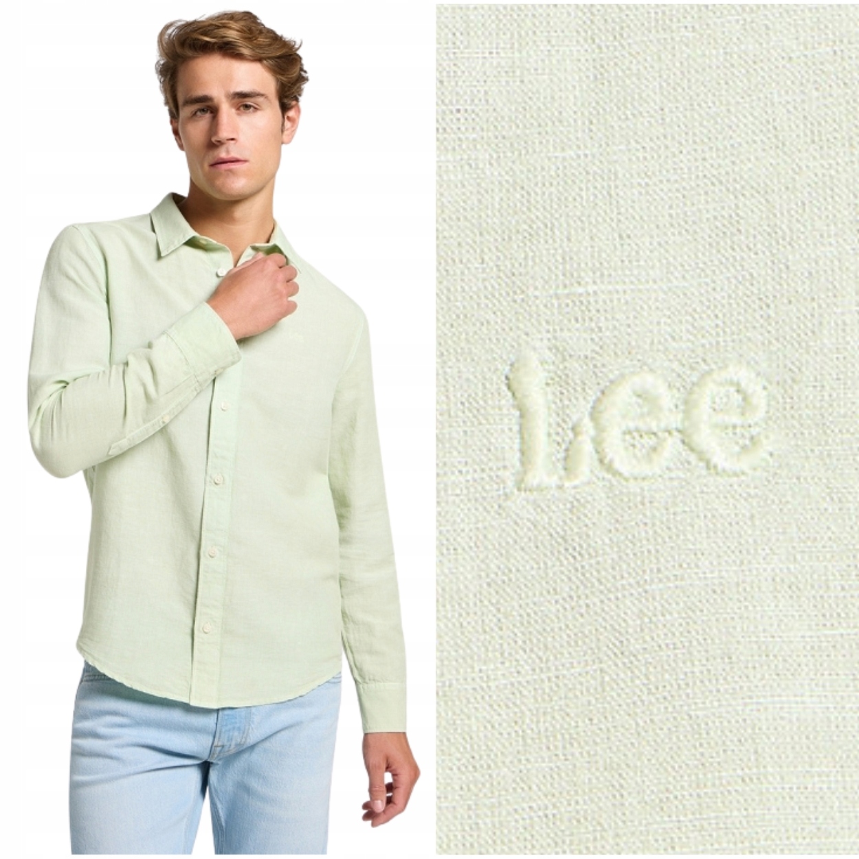 Lee Patch Shirt Soft Sage lněná zelená pastelová košile malé logo L