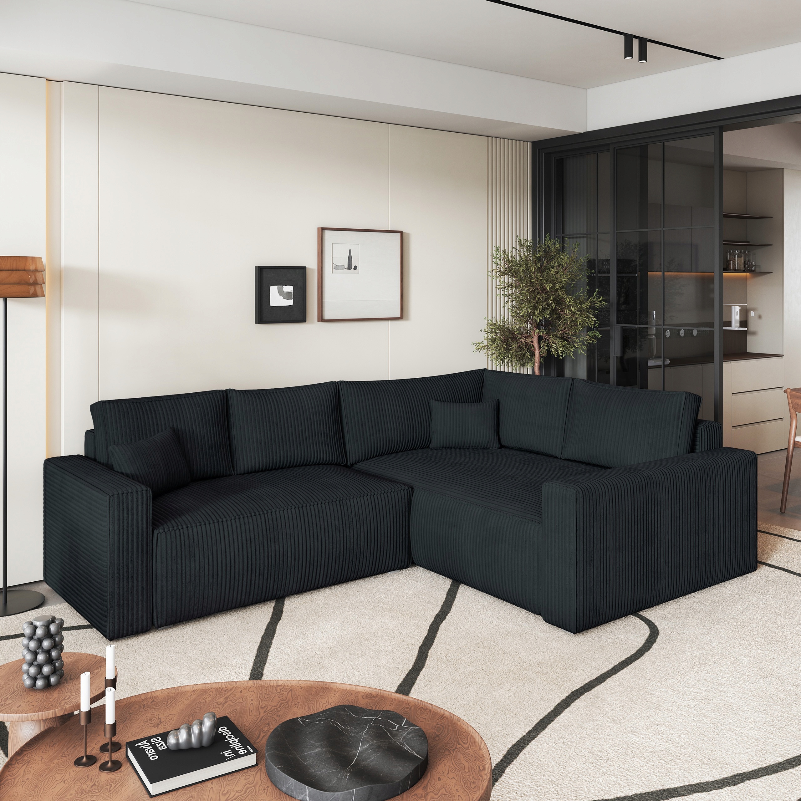 Rohová Sedací Souprava Eronis Funkce Spaní Moderní manšestr Černá