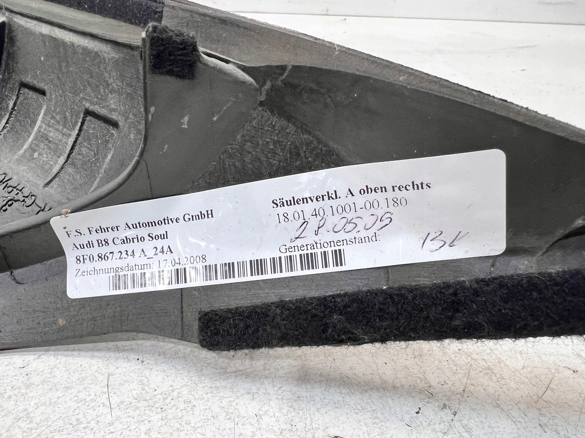Blende Abdeckung SLUPKA A rechts AUDI A5 CABRIO 8F0867234A schwarzer