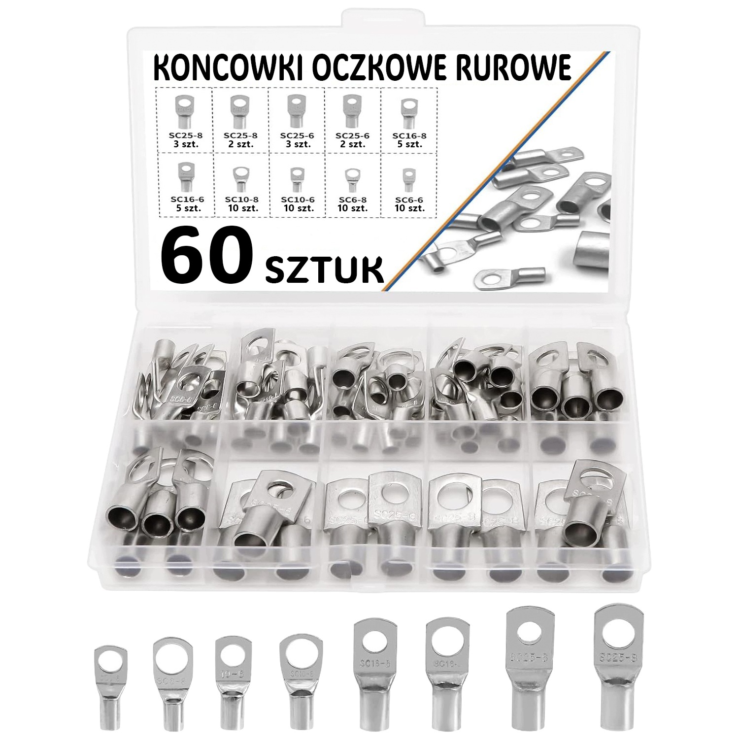 Konektory Oczkowe Miedziane Końcówki Kablowe Rurowe Zestaw 60 szt.