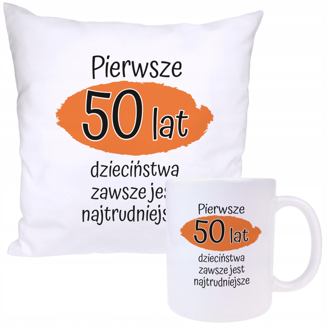 

na 50 urodziny poduszka i kubek urodzinowy