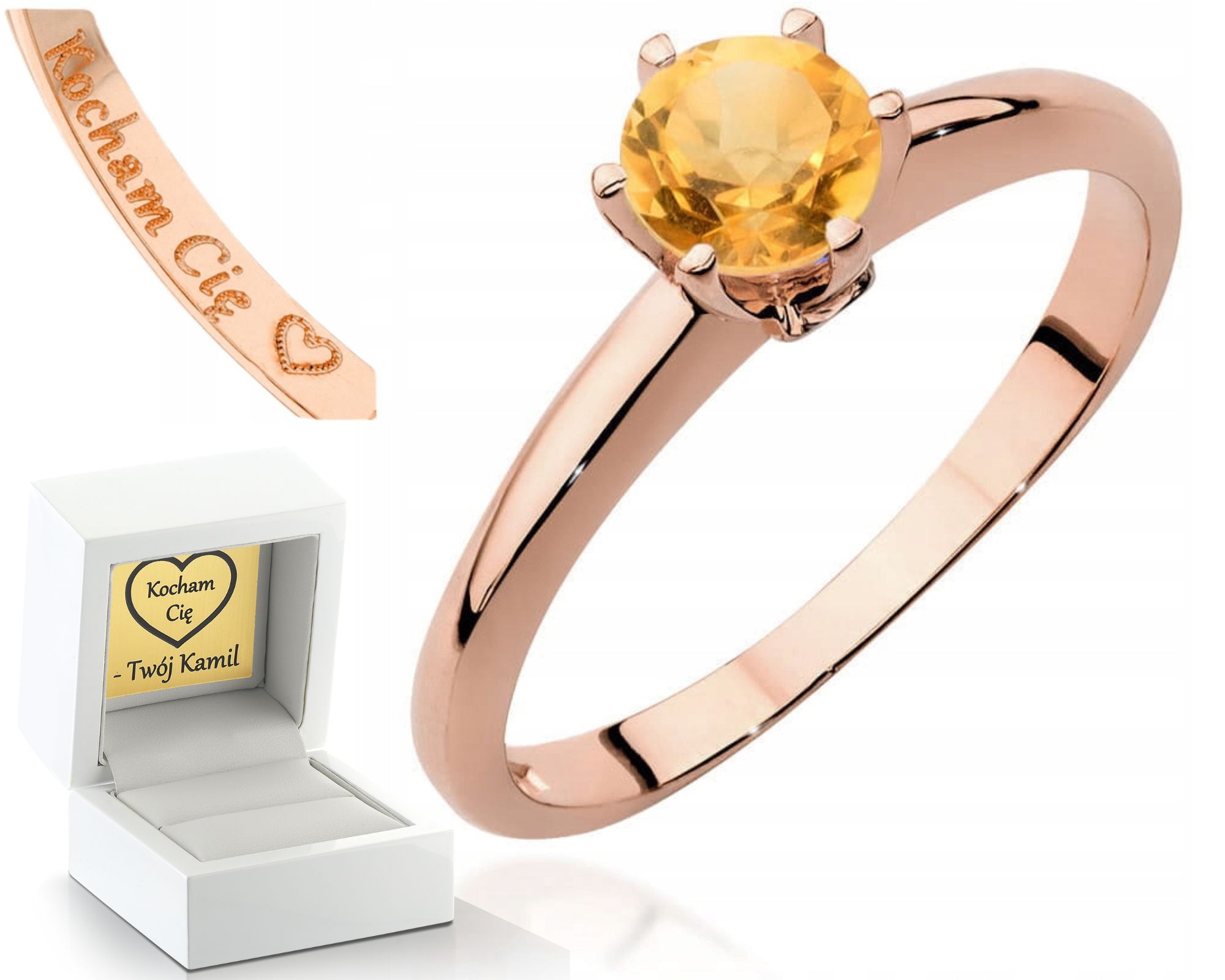 Růžové Zlato Prstýnek S Citronem Diamanty Gravírování 585 Bonus Dárek